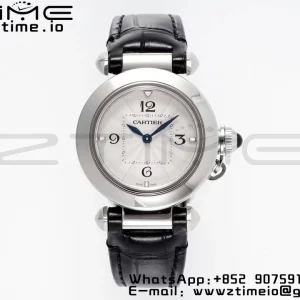 Cartier Pasha 30mm SS AF 1:1 Best Edition White Textured Dial on Black Leather Strap Jaq Quartz - Super Clone Watch | 1:1 Best Version