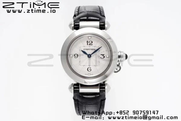 Cartier Pasha 30mm SS AF 1:1 Best Edition White Textured Dial on Black Leather Strap Jaq Quartz - Super Clone Watch | 1:1 Best Version