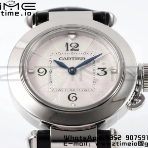 Cartier Pasha 30mm SS AF 1:1 Best Edition White Textured Dial on Black Leather Strap Jaq Quartz - Super Clone Watch | 1:1 Best Version