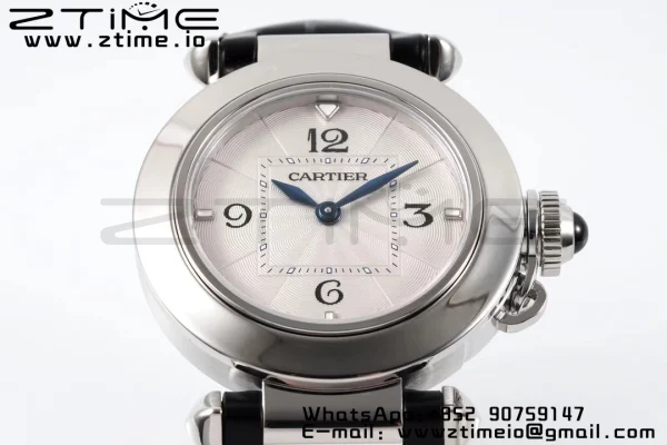 Cartier Pasha 30mm SS AF 1:1 Best Edition White Textured Dial on Black Leather Strap Jaq Quartz - Super Clone Watch | 1:1 Best Version