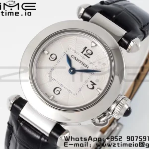 Cartier Pasha 30mm SS AF 1:1 Best Edition White Textured Dial on Black Leather Strap Jaq Quartz - Super Clone Watch | 1:1 Best Version