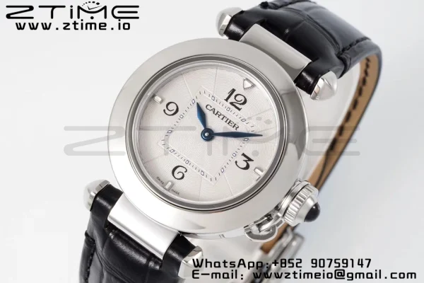 Cartier Pasha 30mm SS AF 1:1 Best Edition White Textured Dial on Black Leather Strap Jaq Quartz - Super Clone Watch | 1:1 Best Version