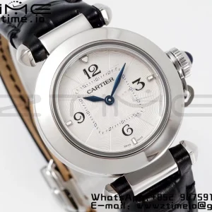 Cartier Pasha 30mm SS AF 1:1 Best Edition White Textured Dial on Black Leather Strap Jaq Quartz - Super Clone Watch | 1:1 Best Version
