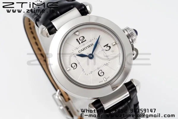 Cartier Pasha 30mm SS AF 1:1 Best Edition White Textured Dial on Black Leather Strap Jaq Quartz - Super Clone Watch | 1:1 Best Version