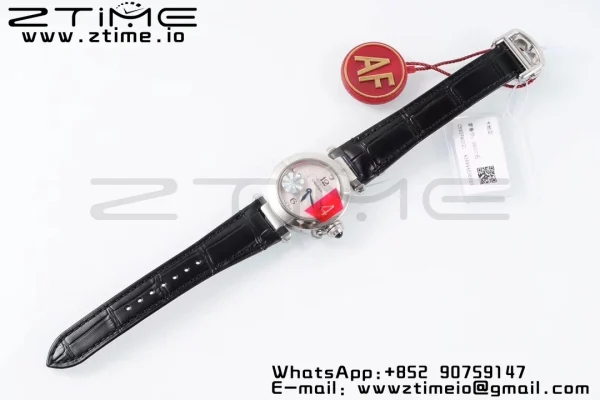 Cartier Pasha 30mm SS AF 1:1 Best Edition White Textured Dial on Black Leather Strap Jaq Quartz - Super Clone Watch | 1:1 Best Version