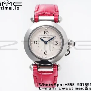 Cartier Pasha 30mm SS AF 1:1 Best Edition White Textured Dial on Deep Pink Leather Strap Jaq Quartz - Super Clone Watch | 1:1 Best Version