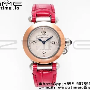 Cartier Pasha 30mm SS/RG AF 1:1 Best Edition White Textured Dial on Red Leather Strap Jaq Quartz - Super Clone Watch | 1:1 Best Version