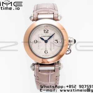 Cartier Pasha 30mm SS/RG AF 1:1 Best Edition White Textured Dial on Gray Leather Strap Jaq Quartz - Super Clone Watch | 1:1 Best Version