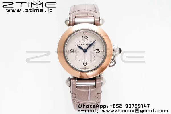 Cartier Pasha 30mm SS/RG AF 1:1 Best Edition White Textured Dial on Gray Leather Strap Jaq Quartz - Super Clone Watch | 1:1 Best Version