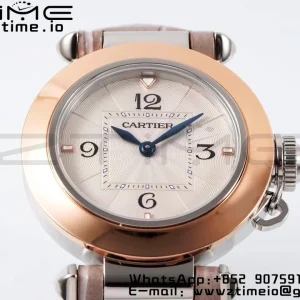 Cartier Pasha 30mm SS/RG AF 1:1 Best Edition White Textured Dial on Gray Leather Strap Jaq Quartz - Super Clone Watch | 1:1 Best Version