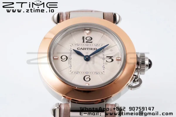 Cartier Pasha 30mm SS/RG AF 1:1 Best Edition White Textured Dial on Gray Leather Strap Jaq Quartz - Super Clone Watch | 1:1 Best Version