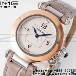 Cartier Pasha 30mm SS/RG AF 1:1 Best Edition White Textured Dial on Gray Leather Strap Jaq Quartz - Super Clone Watch | 1:1 Best Version