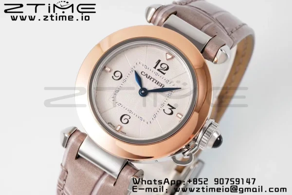 Cartier Pasha 30mm SS/RG AF 1:1 Best Edition White Textured Dial on Gray Leather Strap Jaq Quartz - Super Clone Watch | 1:1 Best Version