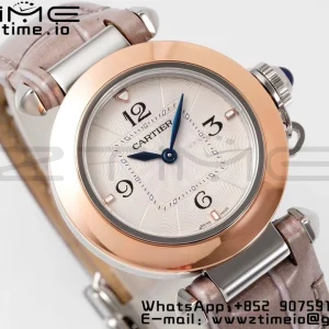 Cartier Pasha 30mm SS/RG AF 1:1 Best Edition White Textured Dial on Gray Leather Strap Jaq Quartz - Super Clone Watch | 1:1 Best Version