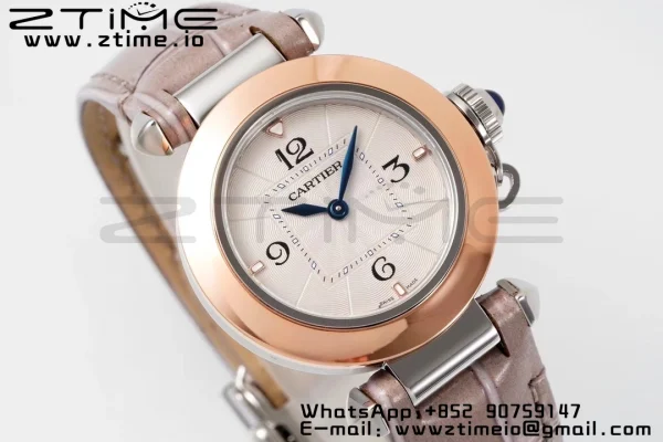 Cartier Pasha 30mm SS/RG AF 1:1 Best Edition White Textured Dial on Gray Leather Strap Jaq Quartz - Super Clone Watch | 1:1 Best Version