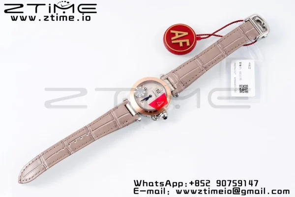 Cartier Pasha 30mm SS/RG AF 1:1 Best Edition White Textured Dial on Gray Leather Strap Jaq Quartz - Super Clone Watch | 1:1 Best Version