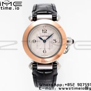 Cartier Pasha 30mm SS/RG AF 1:1 Best Edition White Textured Dial on Black Leather Strap Jaq Quartz - Super Clone Watch | 1:1 Best Version