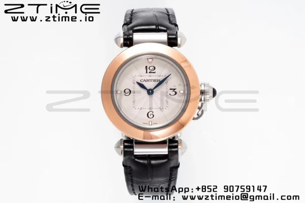 Cartier Pasha 30mm SS/RG AF 1:1 Best Edition White Textured Dial on Black Leather Strap Jaq Quartz - Super Clone Watch | 1:1 Best Version