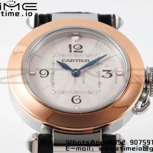 Cartier Pasha 30mm SS/RG AF 1:1 Best Edition White Textured Dial on Black Leather Strap Jaq Quartz - Super Clone Watch | 1:1 Best Version
