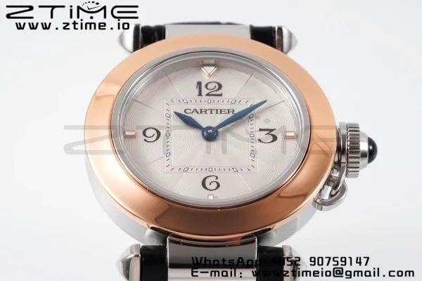 Cartier Pasha 30mm SS/RG AF 1:1 Best Edition White Textured Dial on Black Leather Strap Jaq Quartz - Super Clone Watch | 1:1 Best Version
