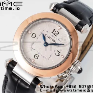 Cartier Pasha 30mm SS/RG AF 1:1 Best Edition White Textured Dial on Black Leather Strap Jaq Quartz - Super Clone Watch | 1:1 Best Version