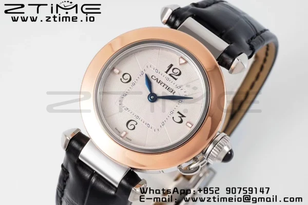 Cartier Pasha 30mm SS/RG AF 1:1 Best Edition White Textured Dial on Black Leather Strap Jaq Quartz - Super Clone Watch | 1:1 Best Version