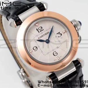 Cartier Pasha 30mm SS/RG AF 1:1 Best Edition White Textured Dial on Black Leather Strap Jaq Quartz - Super Clone Watch | 1:1 Best Version