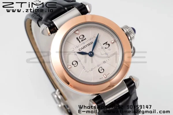 Cartier Pasha 30mm SS/RG AF 1:1 Best Edition White Textured Dial on Black Leather Strap Jaq Quartz - Super Clone Watch | 1:1 Best Version