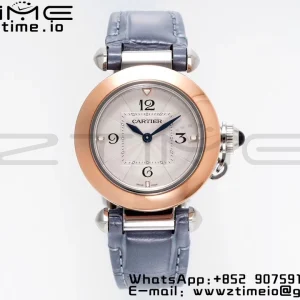 Cartier Pasha 30mm SS/RG AF 1:1 Best Edition White Textured Dial on Blue Leather Strap Jaq Quartz - Super Clone Watch | 1:1 Best Version