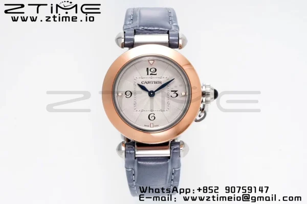 Cartier Pasha 30mm SS/RG AF 1:1 Best Edition Cadran texturé blanc sur bracelet cuir bleu Jaq Quartz - Super Clone Watch | 1:1 Best Version
