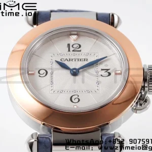 Cartier Pasha 30mm SS/RG AF 1:1 Best Edition Cadran texturé blanc sur bracelet cuir bleu Jaq Quartz - Super Clone Watch | 1:1 Best Version