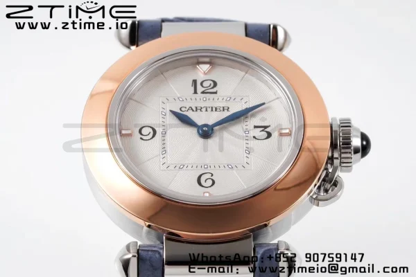 Cartier Pasha 30mm SS/RG AF 1:1 Best Edition Cadran texturé blanc sur bracelet cuir bleu Jaq Quartz - Super Clone Watch | 1:1 Best Version