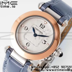 Cartier Pasha 30mm SS/RG AF 1:1 Best Edition Cadran texturé blanc sur bracelet cuir bleu Jaq Quartz - Super Clone Watch | 1:1 Best Version