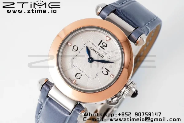 Cartier Pasha 30mm SS/RG AF 1:1 Best Edition Cadran texturé blanc sur bracelet cuir bleu Jaq Quartz - Super Clone Watch | 1:1 Best Version
