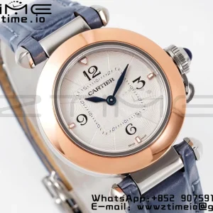 Cartier Pasha 30mm SS/RG AF 1:1 Best Edition Cadran texturé blanc sur bracelet cuir bleu Jaq Quartz - Super Clone Watch | 1:1 Best Version