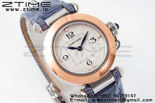Cartier Pasha 30mm SS/RG AF 1:1 Best Edition Cadran texturé blanc sur bracelet cuir bleu Jaq Quartz - Super Clone Watch | 1:1 Best Version
