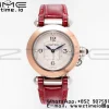Cartier Pasha 30mm SS/RG AF 1:1 Best Edition Hvid tekstureret urskive på dyb rød læderrem Jaq Quartz - Super Clone Watch | 1:1 Best Version