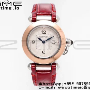 Cartier Pasha 30mm SS/RG AF 1:1 Best Edition White Textured Dial on Deep Red Leather Strap Jaq Quartz - Super Clone Watch | 1:1 Best Version