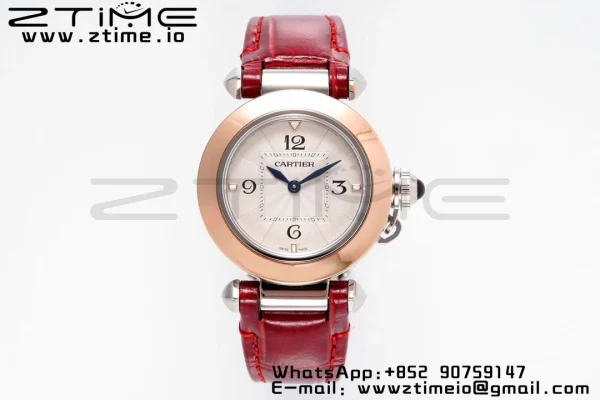 Cartier Pasha 30mm SS/RG AF 1:1 Best Edition White Textured Dial on Deep Red Leather Strap Jaq Quartz - Super Clone Watch | 1:1 Best Version