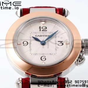 Cartier Pasha 30mm SS/RG AF 1:1 Best Edition White Textured Dial on Deep Red Leather Strap Jaq Quartz - Super Clone Watch | 1:1 Best Version