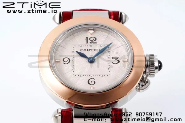 Cartier Pasha 30mm SS/RG AF 1:1 Best Edition White Textured Dial on Deep Red Leather Strap Jaq Quartz - Super Clone Watch | 1:1 Best Version