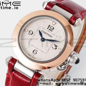 Cartier Pasha 30mm SS/RG AF 1:1 Best Edition White Textured Dial on Deep Red Leather Strap Jaq Quartz - Super Clone Watch | 1:1 Best Version