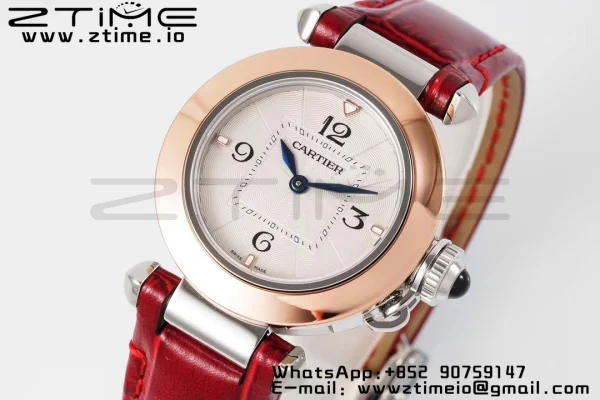 Cartier Pasha 30mm SS/RG AF 1:1 Best Edition White Textured Dial on Deep Red Leather Strap Jaq Quartz - Super Clone Watch | 1:1 Best Version