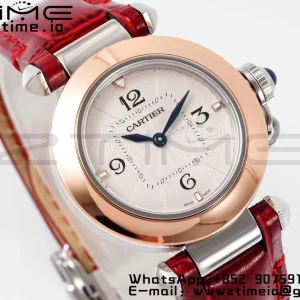 Cartier Pasha 30mm SS/RG AF 1:1 Best Edition White Textured Dial on Deep Red Leather Strap Jaq Quartz - Super Clone Watch | 1:1 Best Version