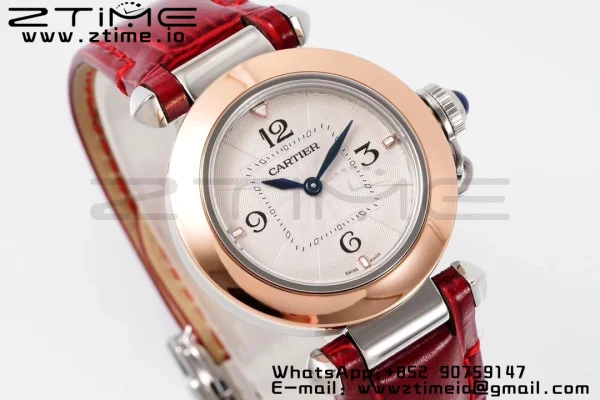 Cartier Pasha 30mm SS/RG AF 1:1 Best Edition White Textured Dial on Deep Red Leather Strap Jaq Quartz - Super Clone Watch | 1:1 Best Version