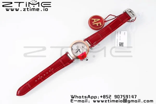 Cartier Pasha 30mm SS/RG AF 1:1 Best Edition White Textured Dial on Deep Red Leather Strap Jaq Quartz - Super Clone Watch | 1:1 Best Version