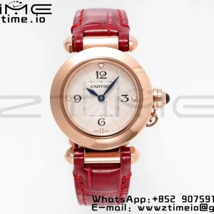 Cartier  Pasha 30mm RG AF 1:1 Best Edition White Textured Dial on Red Leather Strap Jaq Quartz - Super Clone Watch | 1:1 Best Version