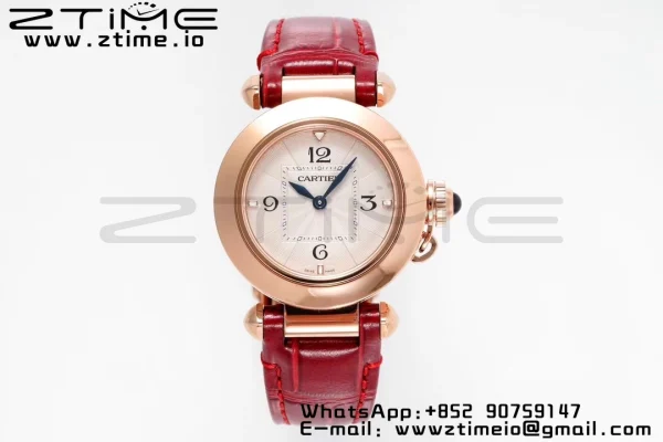 Cartier  Pasha 30mm RG AF 1:1 Best Edition White Textured Dial on Red Leather Strap Jaq Quartz - Super Clone Watch | 1:1 Best Version