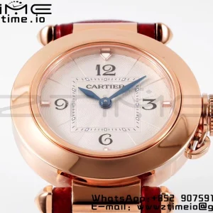 Cartier  Pasha 30mm RG AF 1:1 Best Edition White Textured Dial on Red Leather Strap Jaq Quartz - Super Clone Watch | 1:1 Best Version