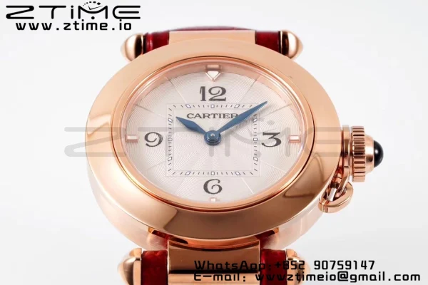 Cartier  Pasha 30mm RG AF 1:1 Best Edition White Textured Dial on Red Leather Strap Jaq Quartz - Super Clone Watch | 1:1 Best Version